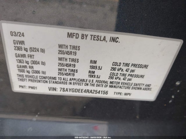 Aukcja sprzedaży 2024 Tesla Model Y Long Range Dual Motor All-wheel Drive, vin: 7SAYGDEE4RA254156, numer aukcji: 44782341