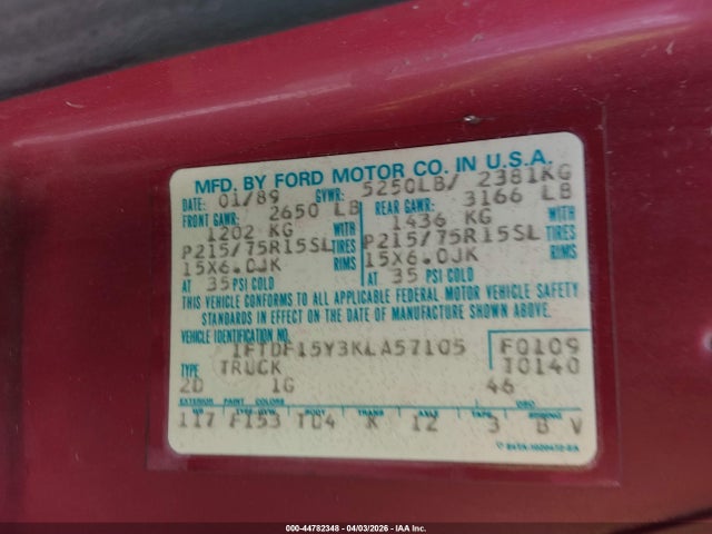 Продажа на аукционе авто 1989 Ford F150, vin: 1FTDF15Y3KLA57105, номер лота: 44782348