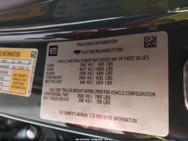 44782356 :رقم المزاد ، 1GYS9CRL9SR177748 vin ، 2025 Cadillac Escalade Premium Luxury مزاد بيع