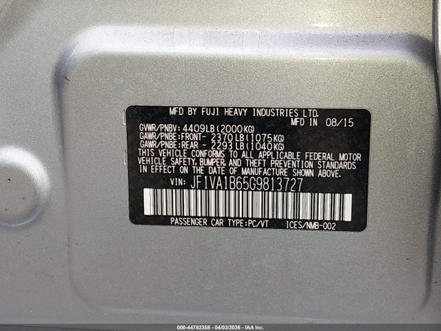 2016 Subaru Wrx მანქანა იყიდება აუქციონზე, vin: JF1VA1B65G9813727, აუქციონის ნომერი: 44782358
