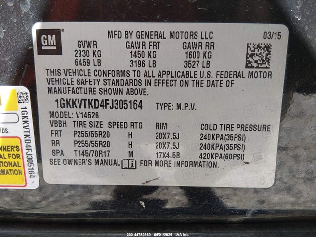 44782360 :رقم المزاد ، 1GKKVTKD4FJ305164 vin ، 2015 Gmc Acadia Denali مزاد بيع