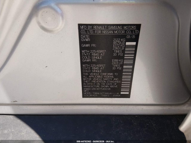 2015 Nissan Rogue Sv მანქანა იყიდება აუქციონზე, vin: KNMAT2MV4FP548208, აუქციონის ნომერი: 44782362