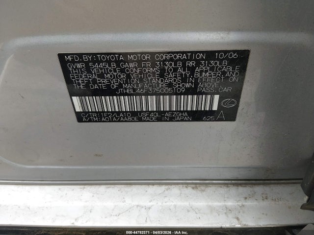 44782371 :رقم المزاد ، JTHBL46F375005109 vin ، 2007 Lexus Ls 460 مزاد بيع