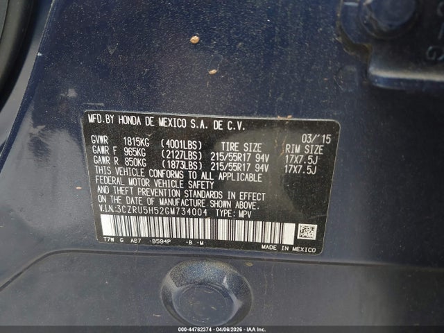 Aukcja sprzedaży 2016 Honda Hr-v Ex, vin: 3CZRU5H52GM734004, numer aukcji: 44782374