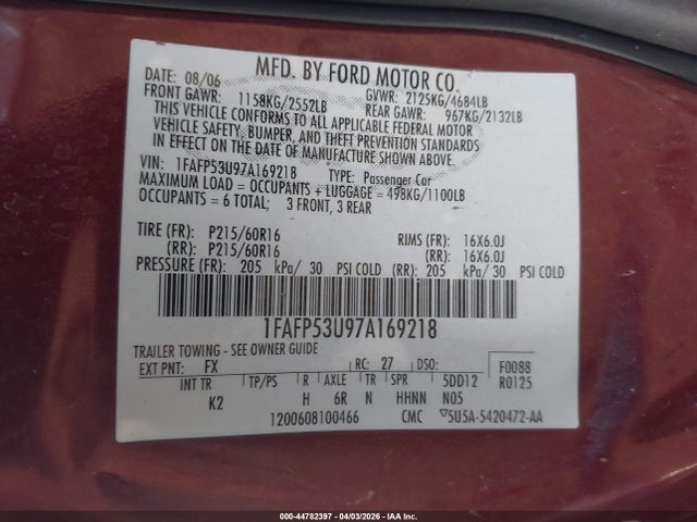 2007 FORD TAURUS 1FAFP53U97A169218 Photo 8