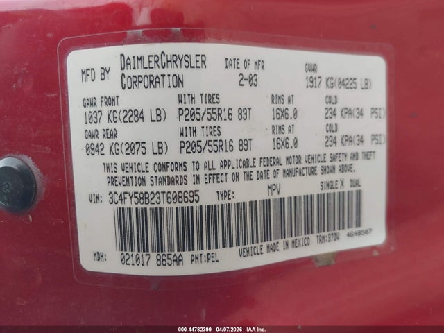 44782399 :رقم المزاد ، 3C4FY58B23T608695 vin ، 2003 Chrysler Pt Cruiser Touring مزاد بيع