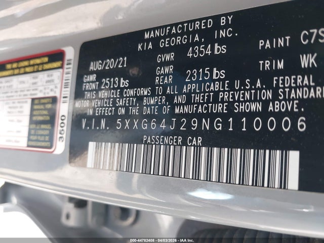 44782408 :رقم المزاد ، 5XXG64J29NG110006 vin ، 2022 Kia K5 Gt-line مزاد بيع
