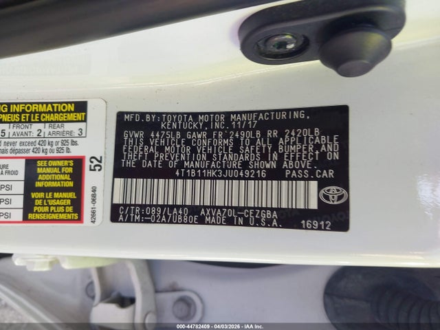 4T1B11HK3JU049216 Toyota CAMRY XLE