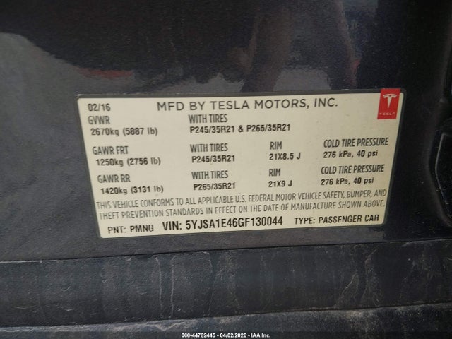 44782445 :رقم المزاد ، 5YJSA1E46GF130044 vin ، 2016 Tesla Model S 90d/p100d/p85d/p90d مزاد بيع