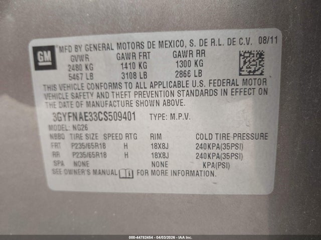 Продажа на аукционе авто 2012 Cadillac Srx Luxury Collection, vin: 3GYFNAE33CS509401, номер лота: 44782454