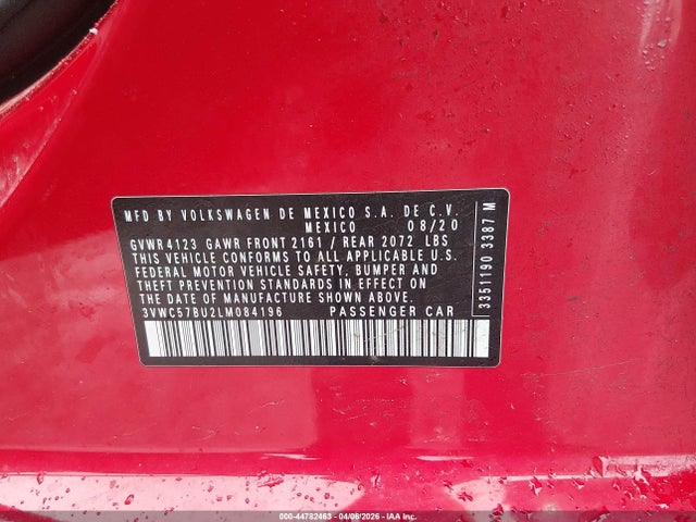 Продажа на аукционе авто 2020 Volkswagen Jetta 1.4t R-line/1.4t S/1.4t Se, vin: 3VWC57BU2LM084196, номер лота: 44782463