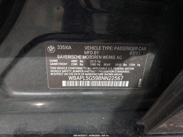 Aukcja sprzedaży 2011 Bmw 335i Xdrive, vin: WBAPL5G59BNN22567, numer aukcji: 44782472