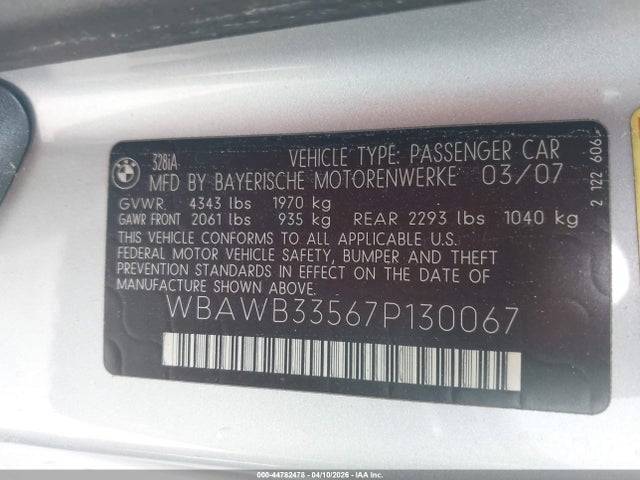 Продаж на аукціоні авто 2007 Bmw 328i, vin: WBAWB33567P130067, номер лоту: 44782478