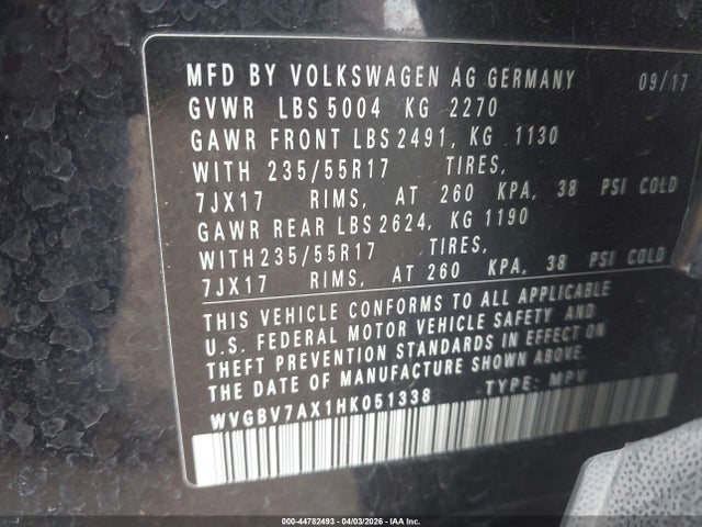 2017 Volkswagen Tiguan 2.0t/2.0t S მანქანა იყიდება აუქციონზე, vin: WVGBV7AX1HK051338, აუქციონის ნომერი: 44782493