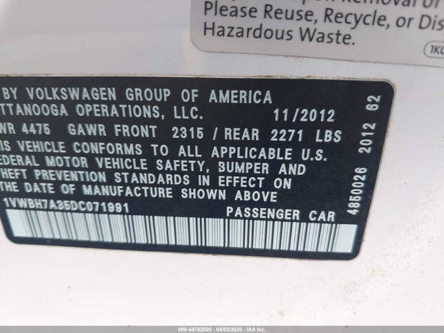 44782500 :رقم المزاد ، 1VWBH7A35DC071991 vin ، 2013 Volkswagen Passat 2.5l Se مزاد بيع