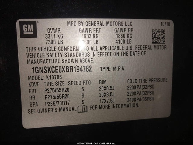 Auction sale of the 2011 Chevrolet Tahoe Ltz, vin: 1GNSKCE0XBR194782, lot number: 44782504