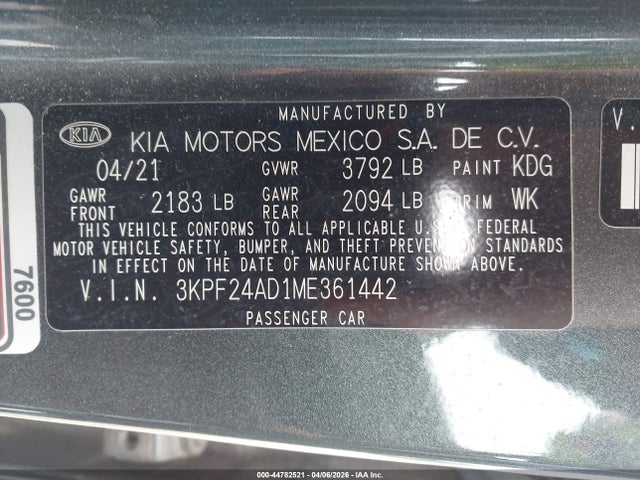 Продажа на аукционе авто 2021 Kia Forte Fe, vin: 3KPF24AD1ME361442, номер лота: 44782521