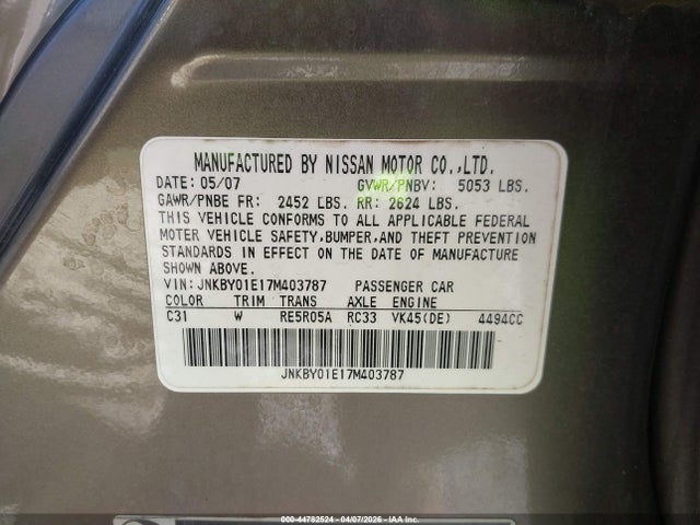 Aukcja sprzedaży 2007 Infiniti M45 Sport, vin: JNKBY01E17M403787, numer aukcji: 44782524