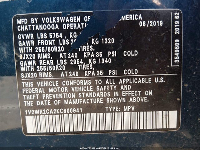Продаж на аукціоні авто 2019 Volkswagen Atlas 3.6l V6 Se W/technology, vin: 1V2WR2CA2KC600941, номер лоту: 44782536