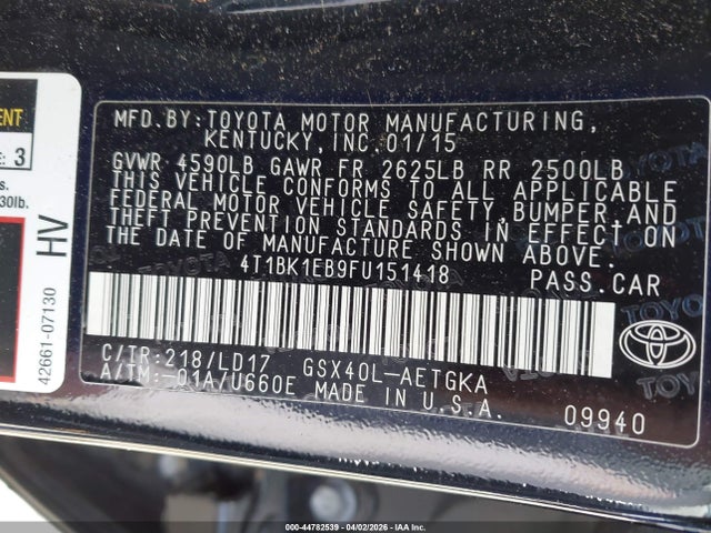 2015 Toyota Avalon Xle მანქანა იყიდება აუქციონზე, vin: 4T1BK1EB9FU151418, აუქციონის ნომერი: 44782539