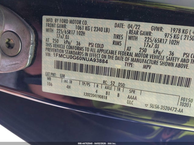 Продажа на аукционе авто 2022 Ford Escape Se, vin: 1FMCU0G60NUA93884, номер лота: 44782540