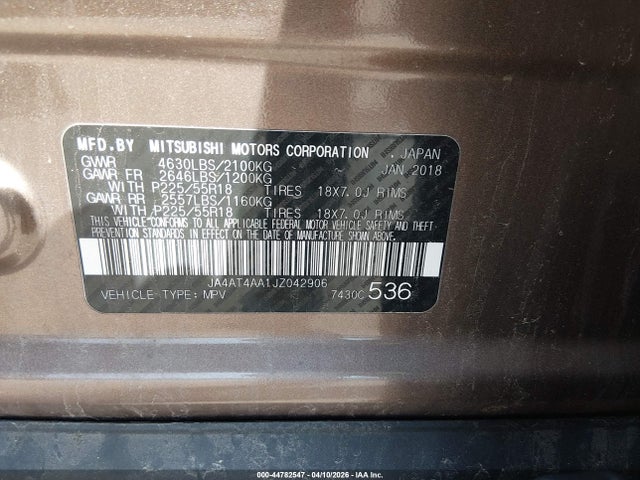 44782547 :رقم المزاد ، JA4AT4AA1JZ042906 vin ، 2018 Mitsubishi Eclipse Cross Le مزاد بيع