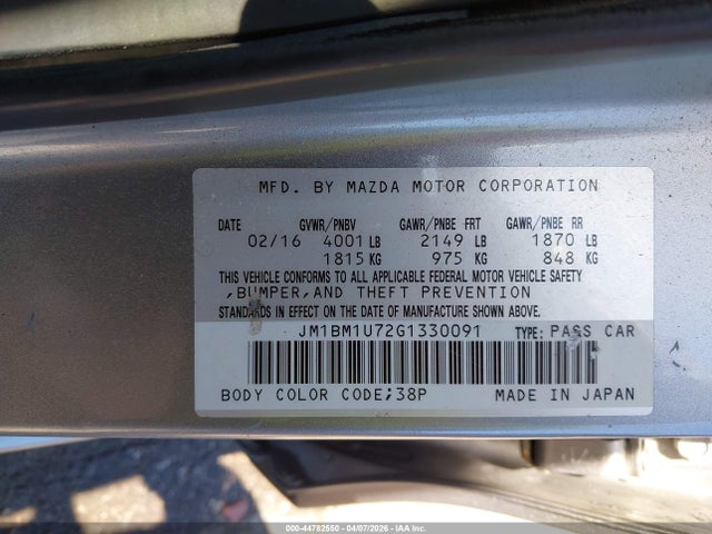 2016 Mazda Mazda3 I Sport მანქანა იყიდება აუქციონზე, vin: JM1BM1U72G1330091, აუქციონის ნომერი: 44782550