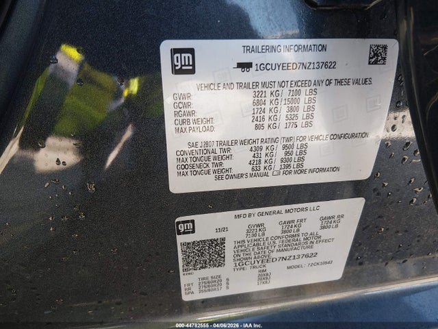 Aukcja sprzedaży 2022 Chevrolet Silverado 1500 Ltd 4wd  Short Bed Rst, vin: 1GCUYEED7NZ137622, numer aukcji: 44782555