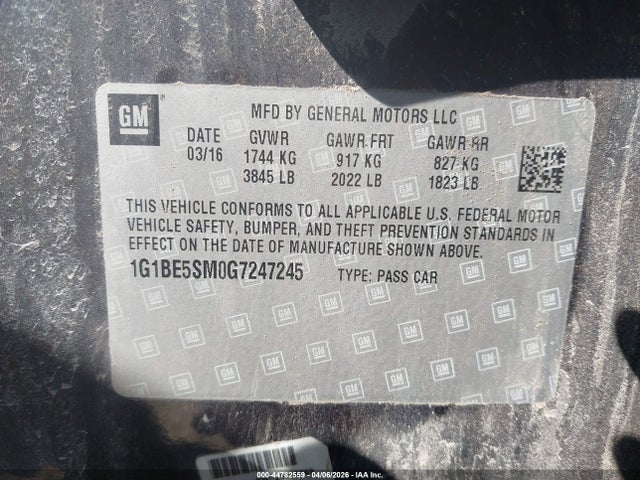 44782559 :رقم المزاد ، 1G1BE5SM0G7247245 vin ، 2016 Chevrolet Cruze Lt Auto مزاد بيع