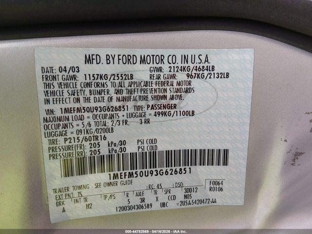 2003 Mercury Sable Gs მანქანა იყიდება აუქციონზე, vin: 1MEFM50U93G626851, აუქციონის ნომერი: 44782569