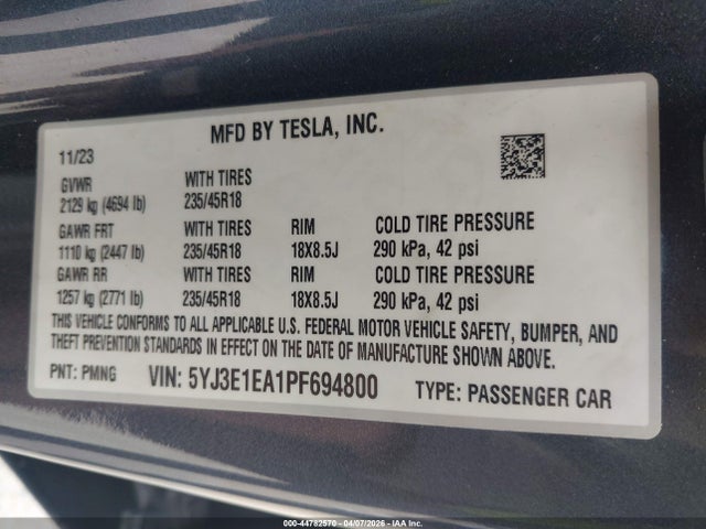 44782570 :رقم المزاد ، 5YJ3E1EA1PF694800 vin ، 2023 Tesla Model 3 Rear-wheel Drive مزاد بيع