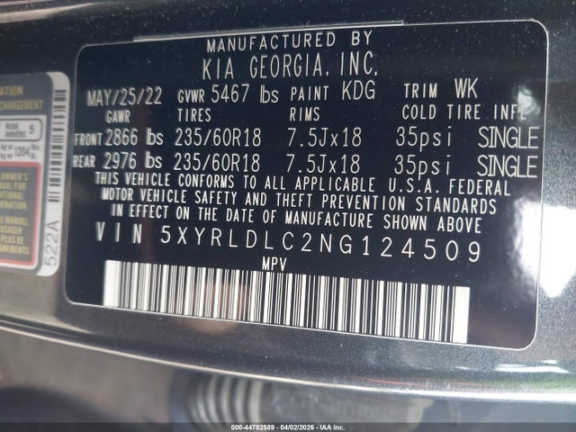 44782589 :رقم المزاد ، 5XYRLDLC2NG124509 vin ، 2022 Kia Sorento X-line S مزاد بيع
