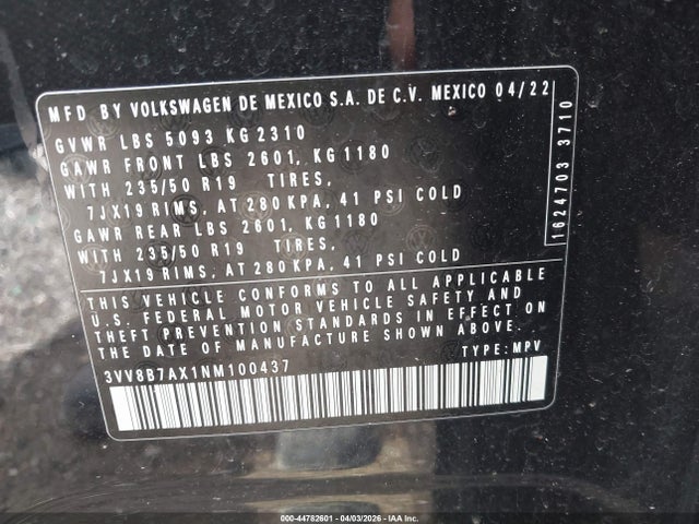Продаж на аукціоні авто 2022 Volkswagen Tiguan 2.0t Se R-line Black, vin: 3VV8B7AX1NM100437, номер лоту: 44782601