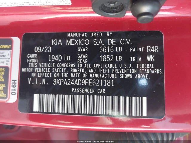 44782603 :رقم المزاد ، 3KPA24AD9PE621181 vin ، 2023 Kia Rio S مزاد بيع