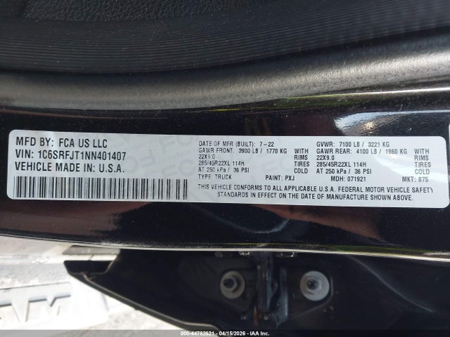 Продажа на аукционе авто 2022 Ram 1500 Laramie  4x4 5'7 Box, vin: 1C6SRFJT1NN401407, номер лота: 44782621