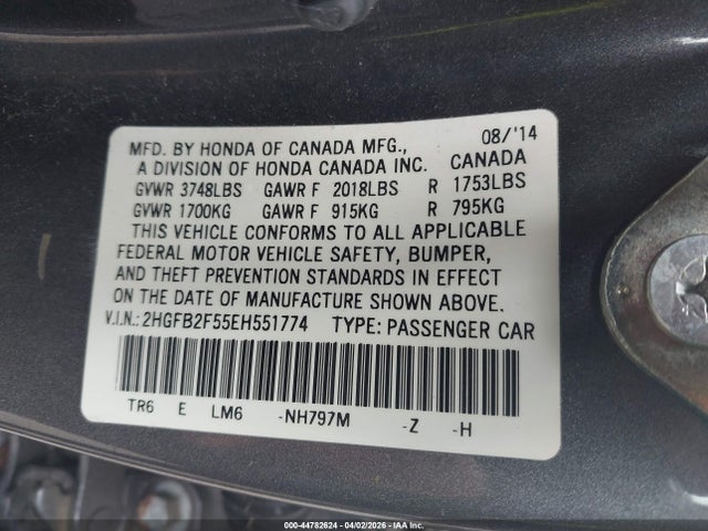 Продаж на аукціоні авто 2014 Honda Civic Lx, vin: 2HGFB2F55EH551774, номер лоту: 44782624