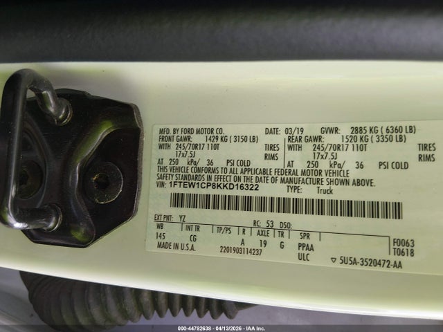 Aukcja sprzedaży 2019 Ford F-150 Xl, vin: 1FTEW1CP8KKD16322, numer aukcji: 44782638