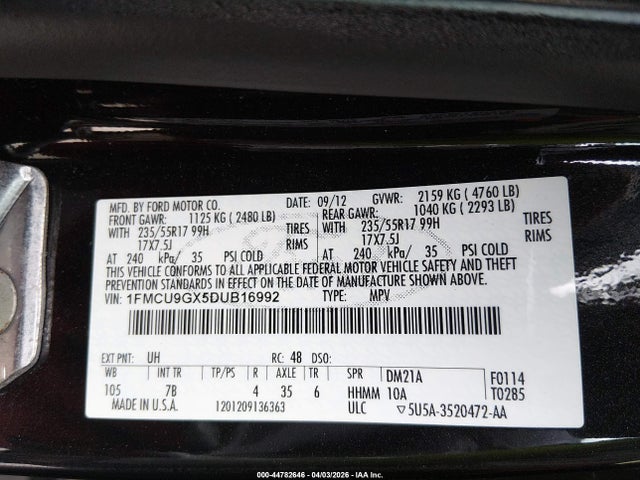 44782646 :رقم المزاد ، 1FMCU9GX5DUB16992 vin ، 2013 Ford Escape Se مزاد بيع