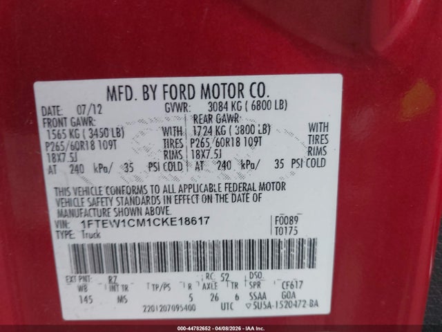 44782652 :رقم المزاد ، 1FTEW1CM1CKE18617 vin ، 2012 Ford F-150 Xlt مزاد بيع