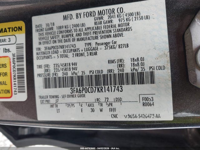 2019 Ford Fusion Sel მანქანა იყიდება აუქციონზე, vin: 3FA6P0CD7KR141743, აუქციონის ნომერი: 44782665