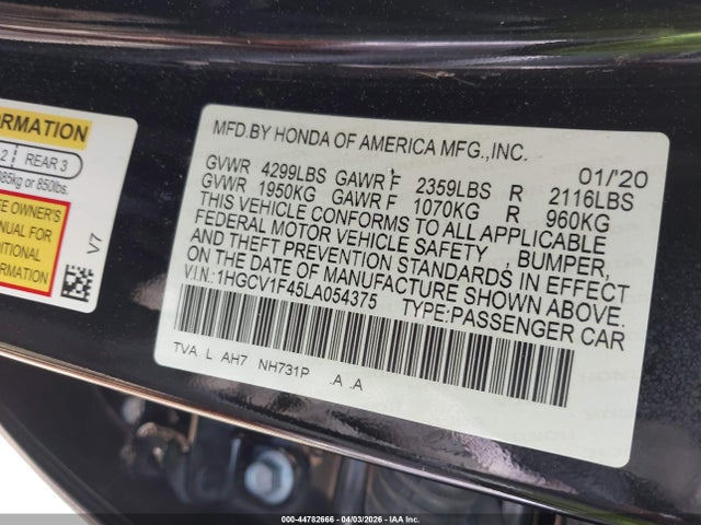 Продаж на аукціоні авто 2020 Honda Accord Ex, vin: 1HGCV1F45LA054375, номер лоту: 44782666