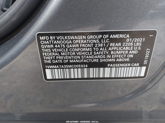 2021 Volkswagen Passat 2.0t R-line მანქანა იყიდება აუქციონზე, vin: 1VWMA7A35MC005924, აუქციონის ნომერი: 44782667