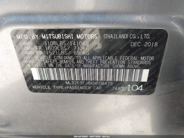 44782685 :رقم المزاد ، ML32F3FJ6KHF08475 vin ، 2019 Mitsubishi Mirage G4 Es مزاد بيع