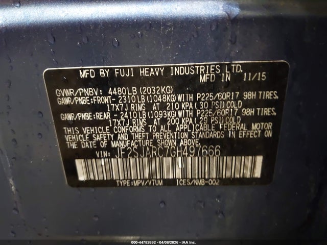 2016 Subaru Forester 2.5i Limited მანქანა იყიდება აუქციონზე, vin: JF2SJARC7GH497666, აუქციონის ნომერი: 44782692