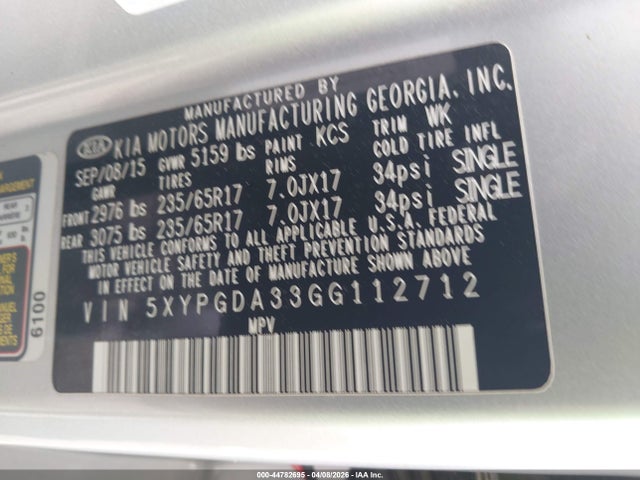 Aukcja sprzedaży 2016 Kia Sorento 2.4l Lx, vin: 5XYPGDA33GG112712, numer aukcji: 44782695