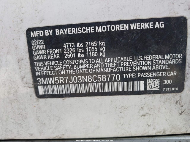 Продажа на аукционе авто 2022 Bmw 330i Xdrive, vin: 3MW5R7J03N8C58770, номер лота: 44782699