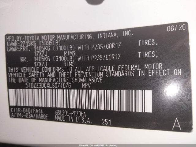 Toyota Sienna L 2020 5TDZZ3DCXLS074076 Image 9