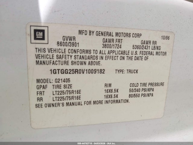Aukcja sprzedaży 1997 Gmc Savana Standard, vin: 1GTGG25R0V1009182, numer aukcji: 44782718