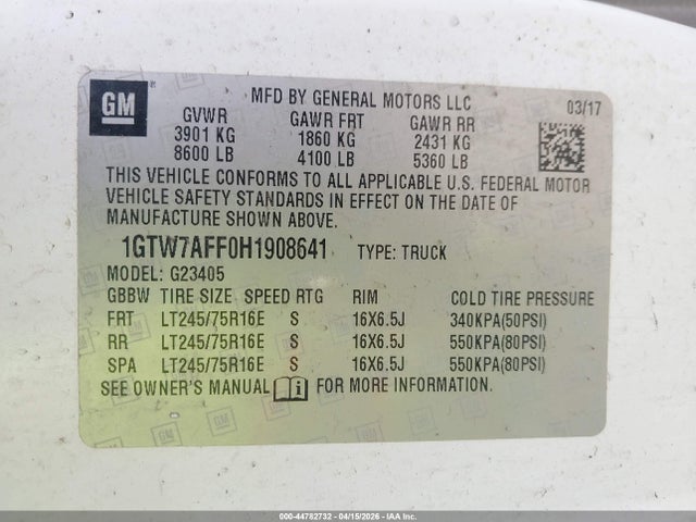 Aukcja sprzedaży 2017 Gmc Savana 2500 Work Van, vin: 1GTW7AFF0H1908641, numer aukcji: 44782732