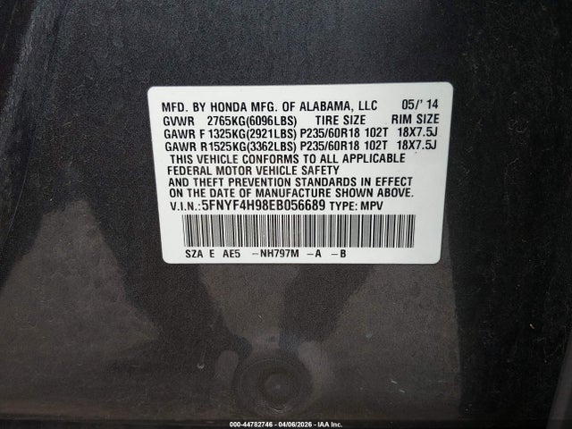 44782746 :رقم المزاد ، 5FNYF4H98EB056689 vin ، 2014 Honda Pilot Touring مزاد بيع